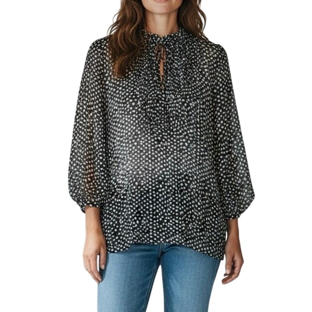 Lucky Brand Sheer Blouse Size XL Black White Polka Dot Ruffled Coastal Preppy